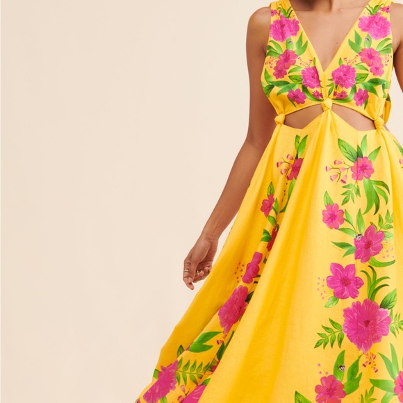 Farm Rio Romantic Garden Yellow Pink Plunge Midi Dress Size M - Picture 4 of 16
